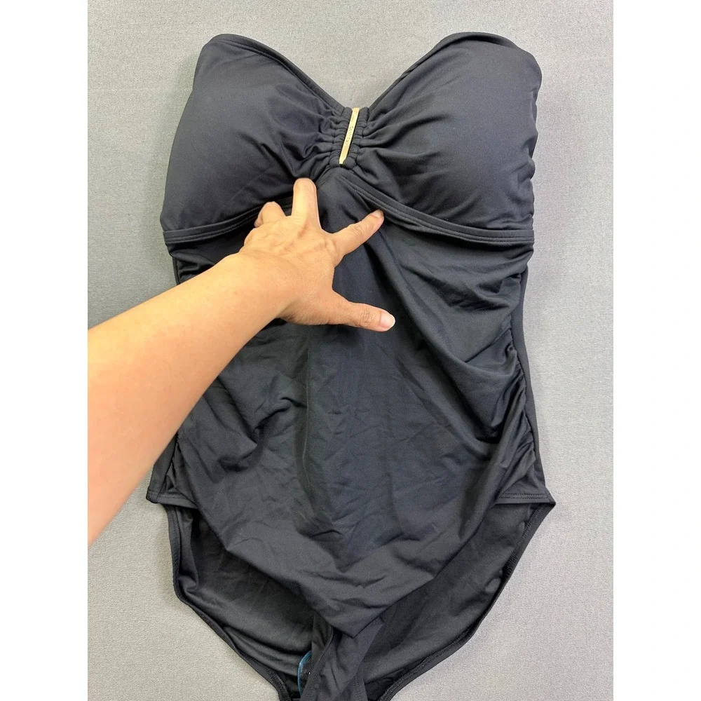 Calvin Klein Women Black Bandeau Ruched One Piece Swimsuit CG5MS002 Size‎ 14